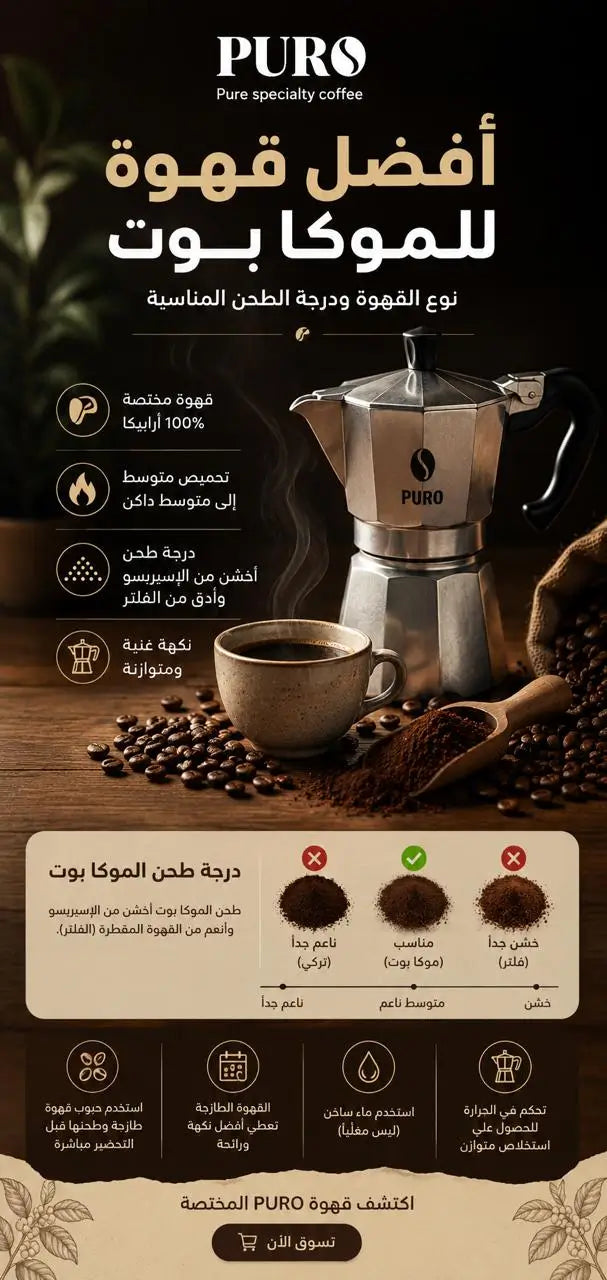 افضل قهوة للموكا بوت مع توضيح نوع القهوة المختصة ودرجة الطحن المناسبة للموكا بوت مقارنة بالإسبريسو والفلتر | PURO