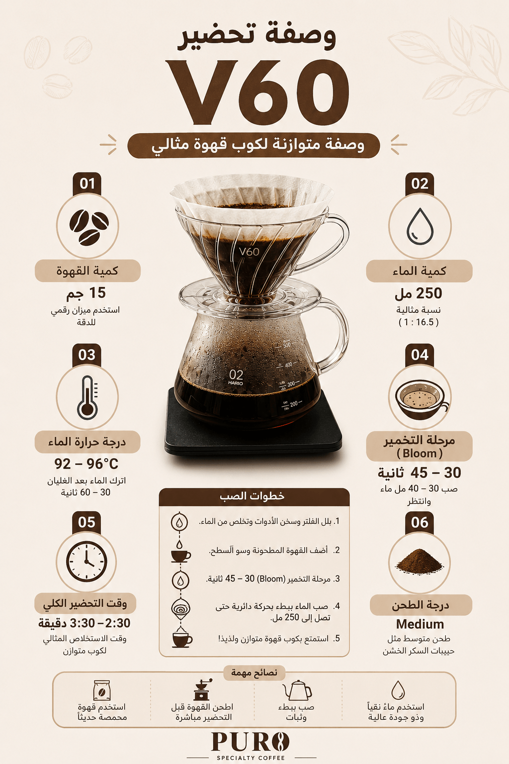 طريقة تحضير V60 خطوة بخطوة لتحضير قهوة مختصة مع نسبة 15 جم قهوة و250 مل ماء وطحن متوسط.