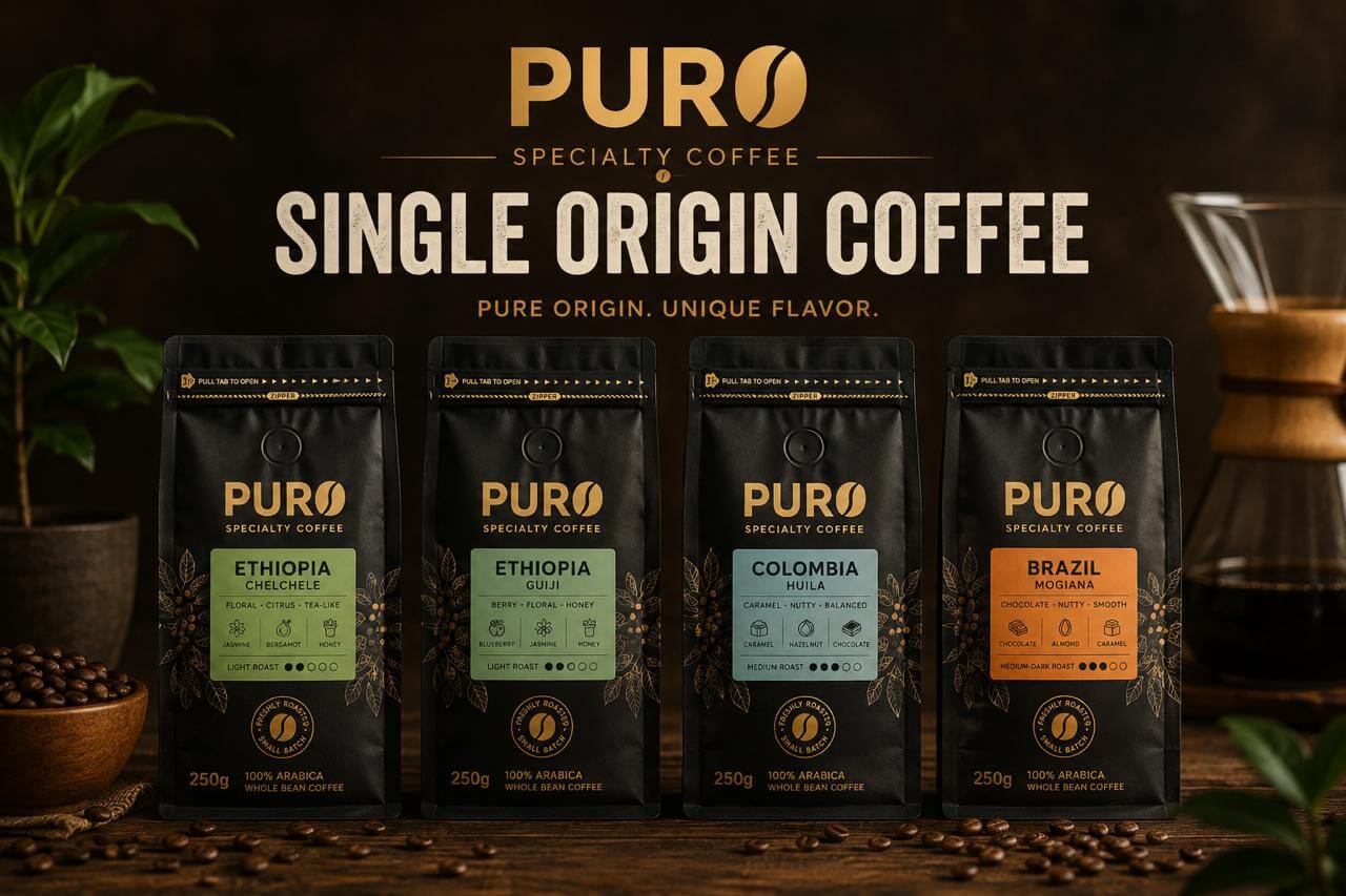 PURO Single Origin Specialty Coffee collection featuring Ethiopia Guji, Ethiopia Chelchele, Colombia Huila, and Brazil Mogiana. Freshly roasted 100% Arabica coffee beans for espresso, V60, filter coffee, and French press.