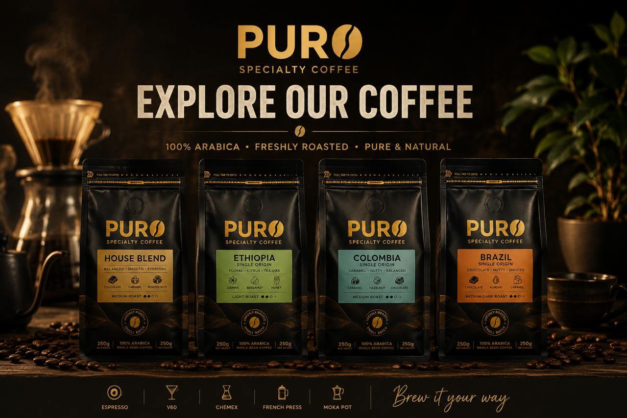 مجموعة قهوة PURO المختصة تضم House Blend وقهوة إثيوبيا وكولومبيا والبرازيل، حبوب أرابيكا 100% محمصة طازجة، مناسبة للإسبريسو وV60 والكيمكس والفرنش برس والموكابوت