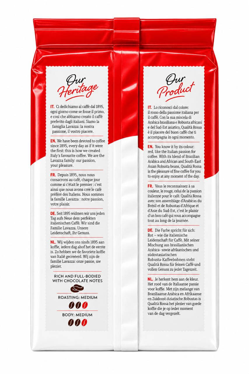 Lavazza Qualità Rossa 250g ground coffee back packaging