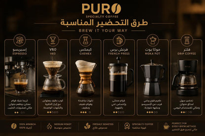 PURO House Blend specialty coffee brewing guide featuring Espresso, V60, Chemex, French Press, Moka Pot, and Drip Coffee. Freshly roasted 100% Arabica medium roast coffee for espresso and filter brewing.