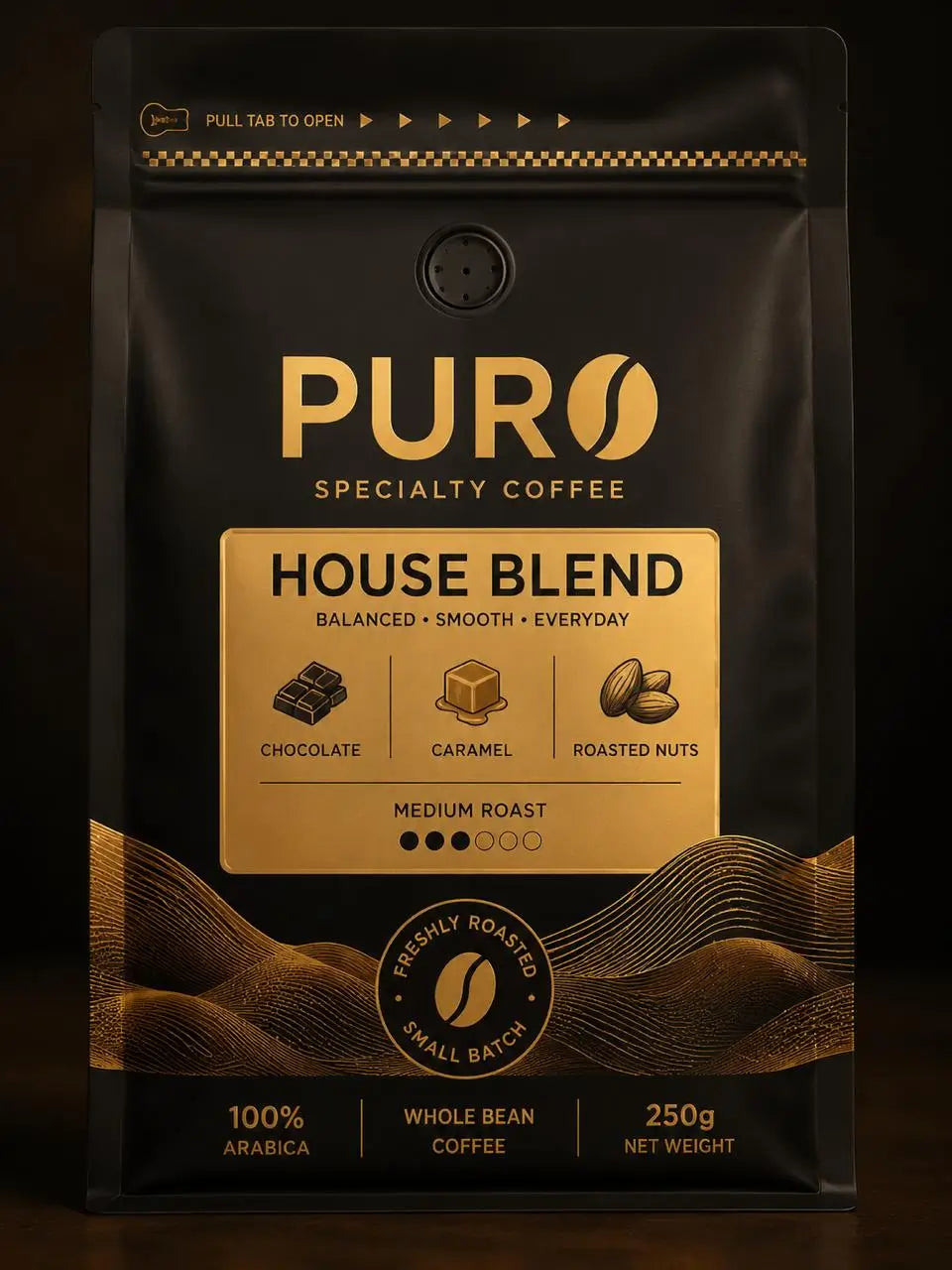 عبوة قهوة PURO House Blend المختصة 250 جم، تحميص متوسط، 100% أرابيكا، بإيحاءات الشوكولاتة والكراميل والمكسرات، مناسبة للإسبريسو وV60 والفلتر.