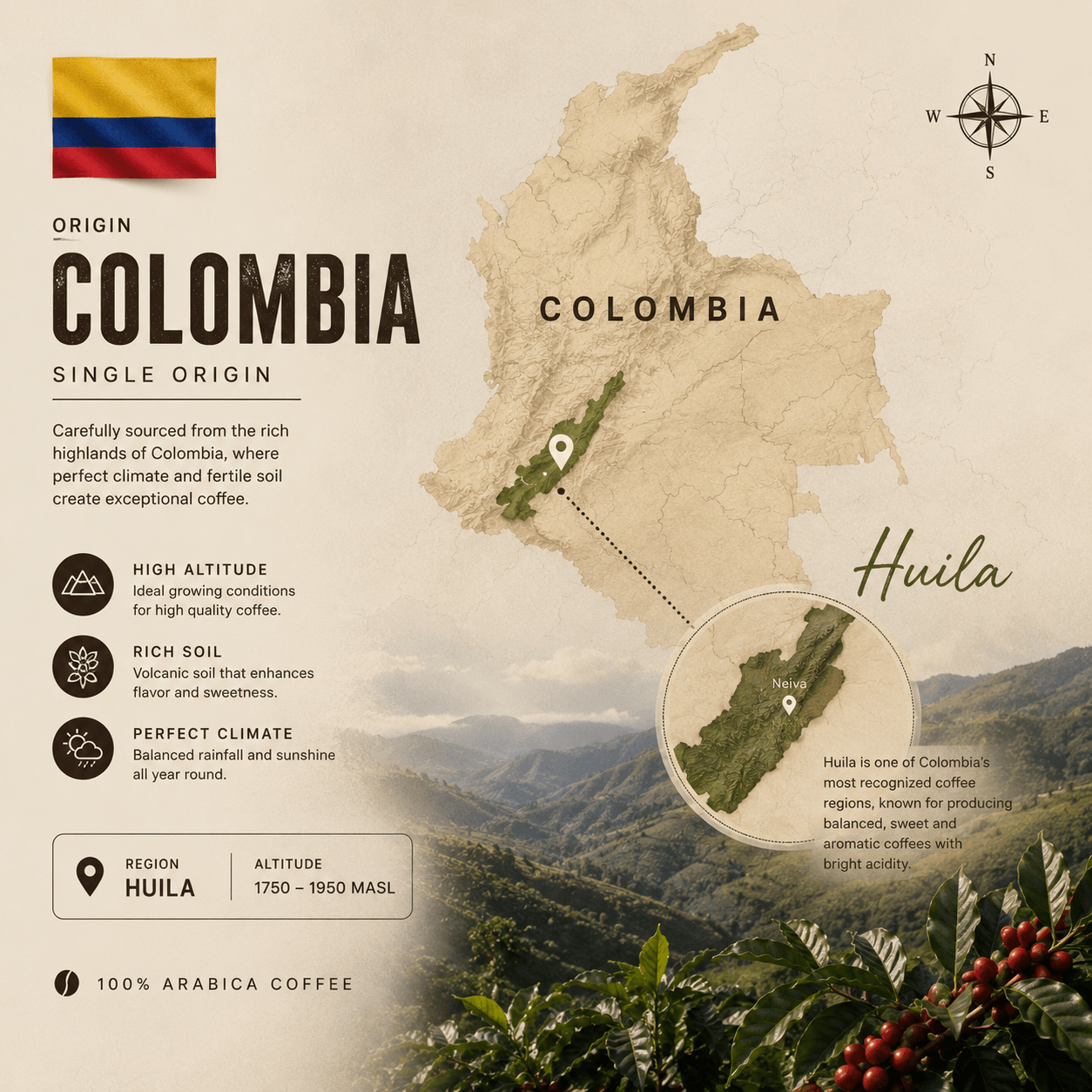Colombia Huila coffee origin map showing the Huila growing region