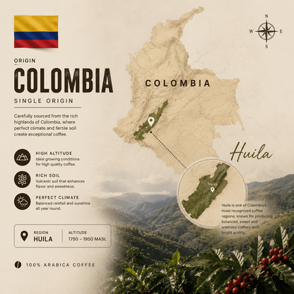 Colombia Huila coffee origin map showing the Huila growing region