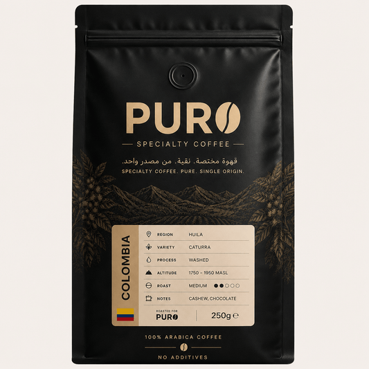 PURO Colombia Huila Specialty Coffee 250g - Single Origin Arabica, Washed Process, Medium Roast